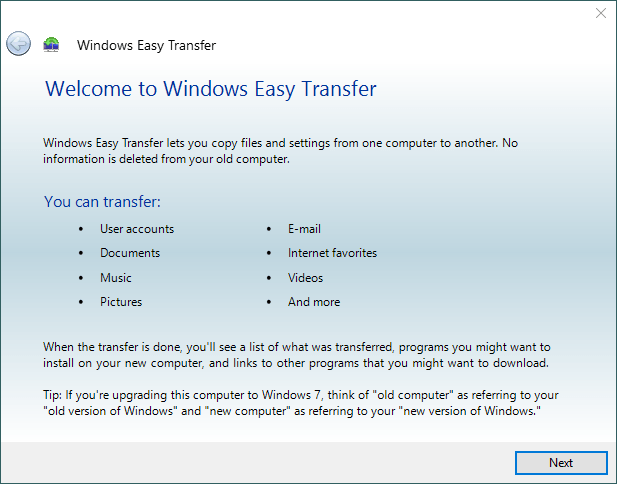 Windows Easy Transfer Start Screen
