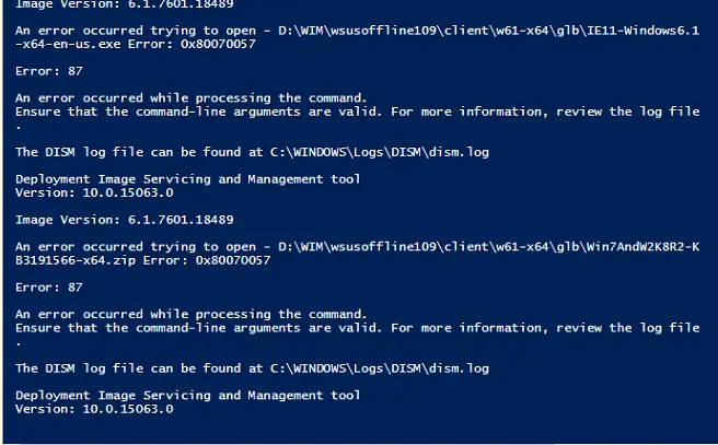 Errors when trying to inject offline Windows Updates into a mounted WIM