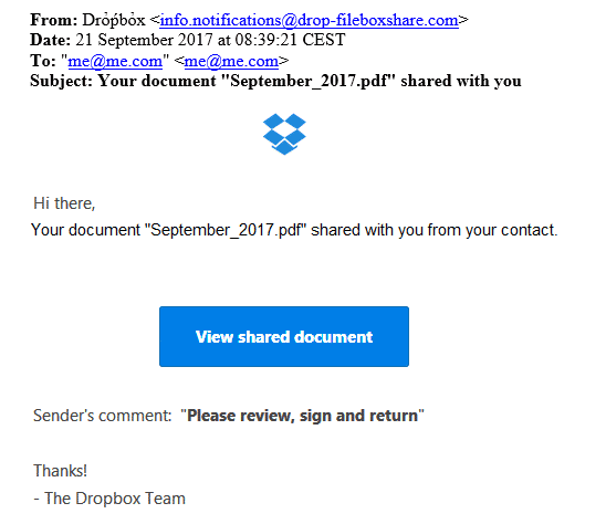 Dropbox Phishing Email 3