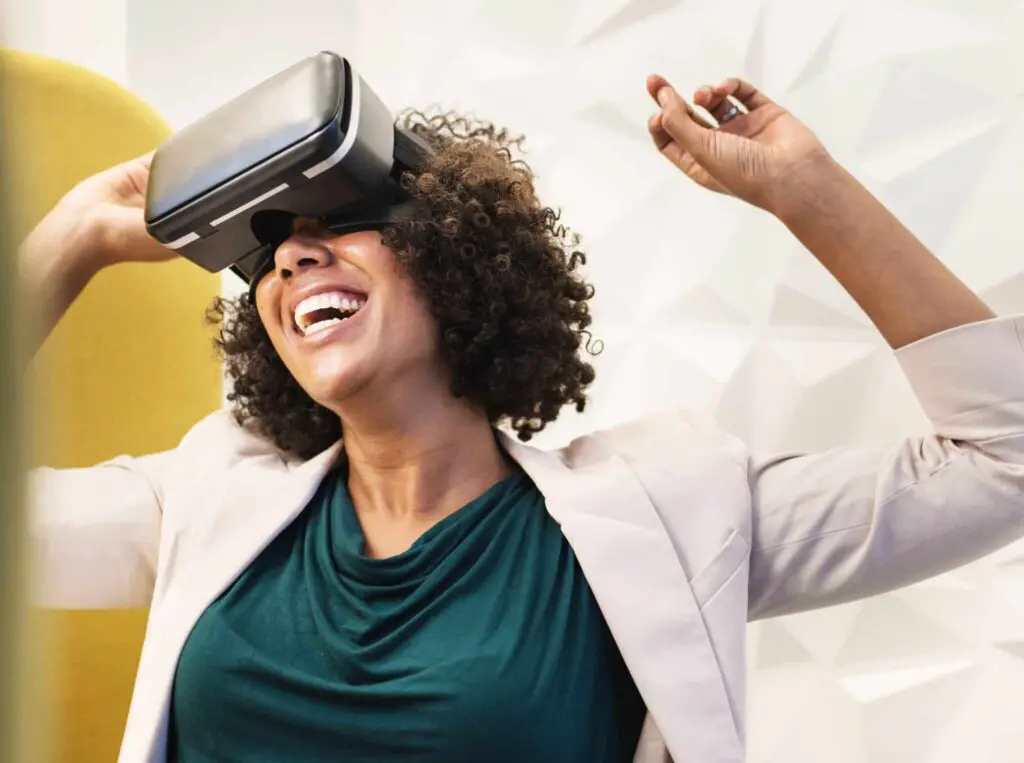 virtual reality headset with an excited woman