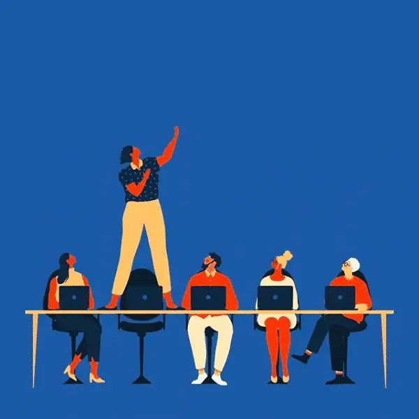 People on a desk with blue background
